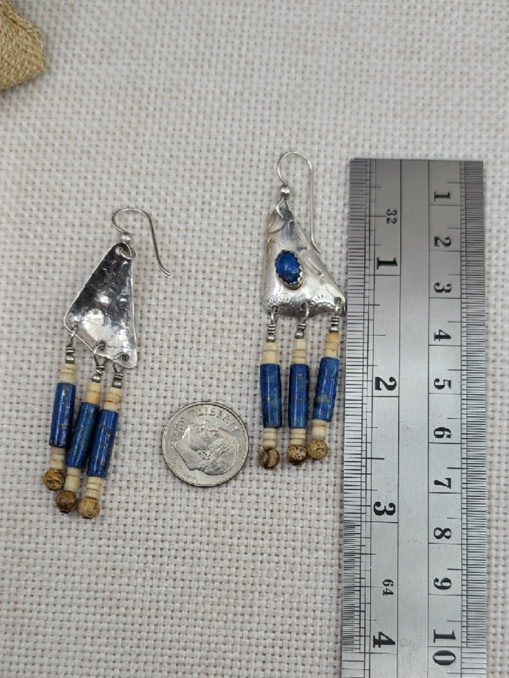 Vintage Sterling 925 Lapis Southwestern Fringe Long Drop Earrings Boho 1990s - Picture 15 of 17